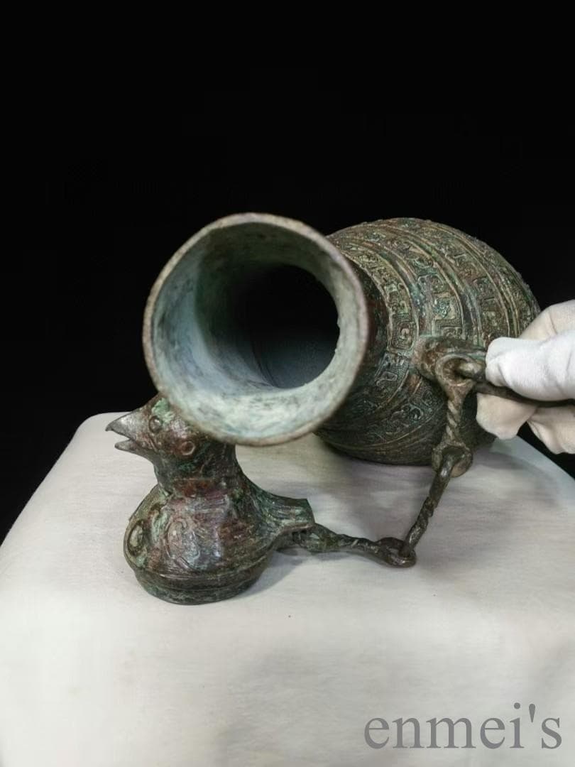 中国古美術 青銅器 禮器 盛酒器 瓠壺 鳥蓋 鍍金 彫刻 唐物 骨董品 禮制美術