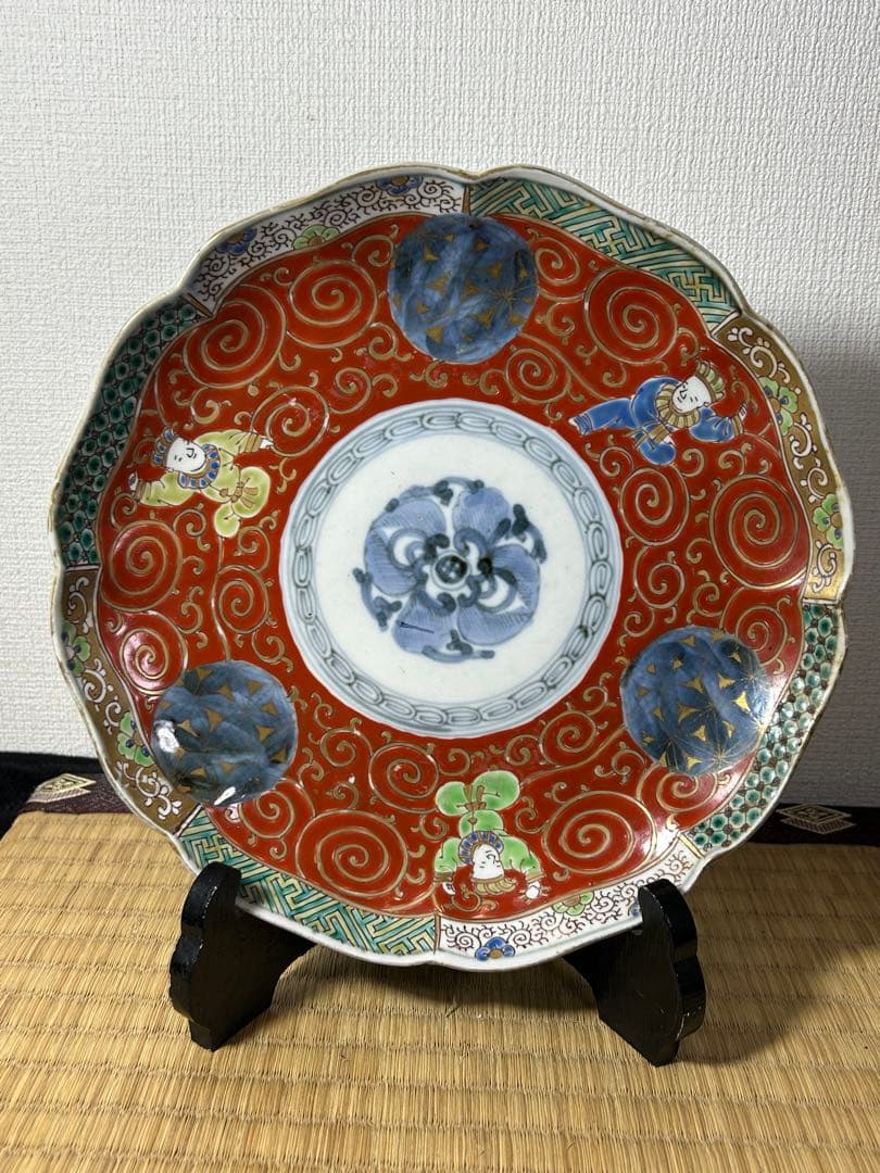 古伊万里色絵七寸皿　4枚 唐子　唐草図　明治時代初期