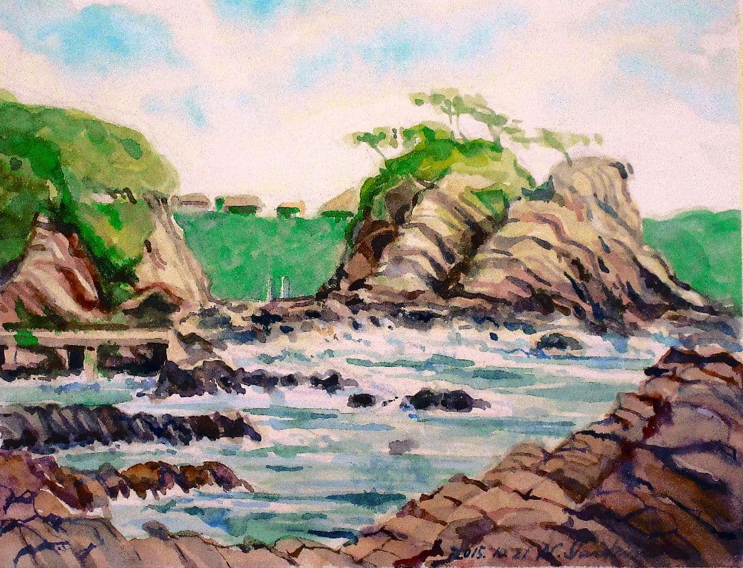 荒崎海岸 水彩画 2015年制作額縁付き