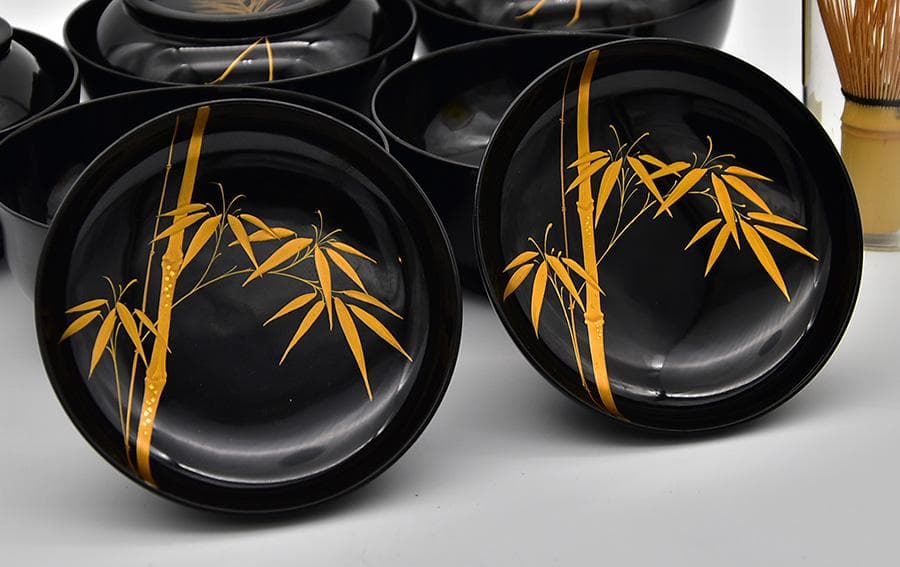 美品 輪島塗 木製 黒漆塗 竹に梅 金蒔絵 切金 吸い物椀 五客 漆器 漆芸