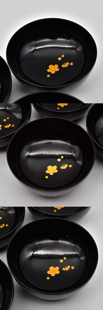 美品 輪島塗 木製 黒漆塗 竹に梅 金蒔絵 切金 吸い物椀 五客 漆器 漆芸