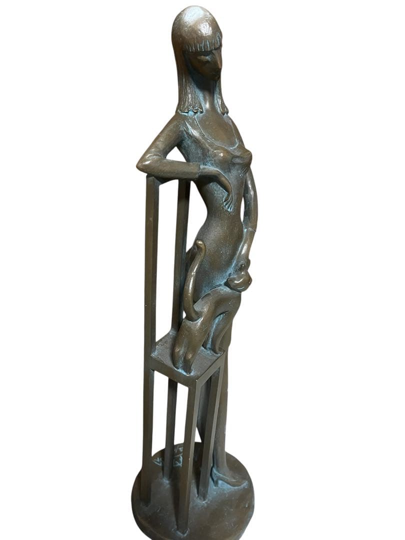 【中古】ブロンズ像「自分の時間」長房一洋作　女性と猫のブロンズ彫刻