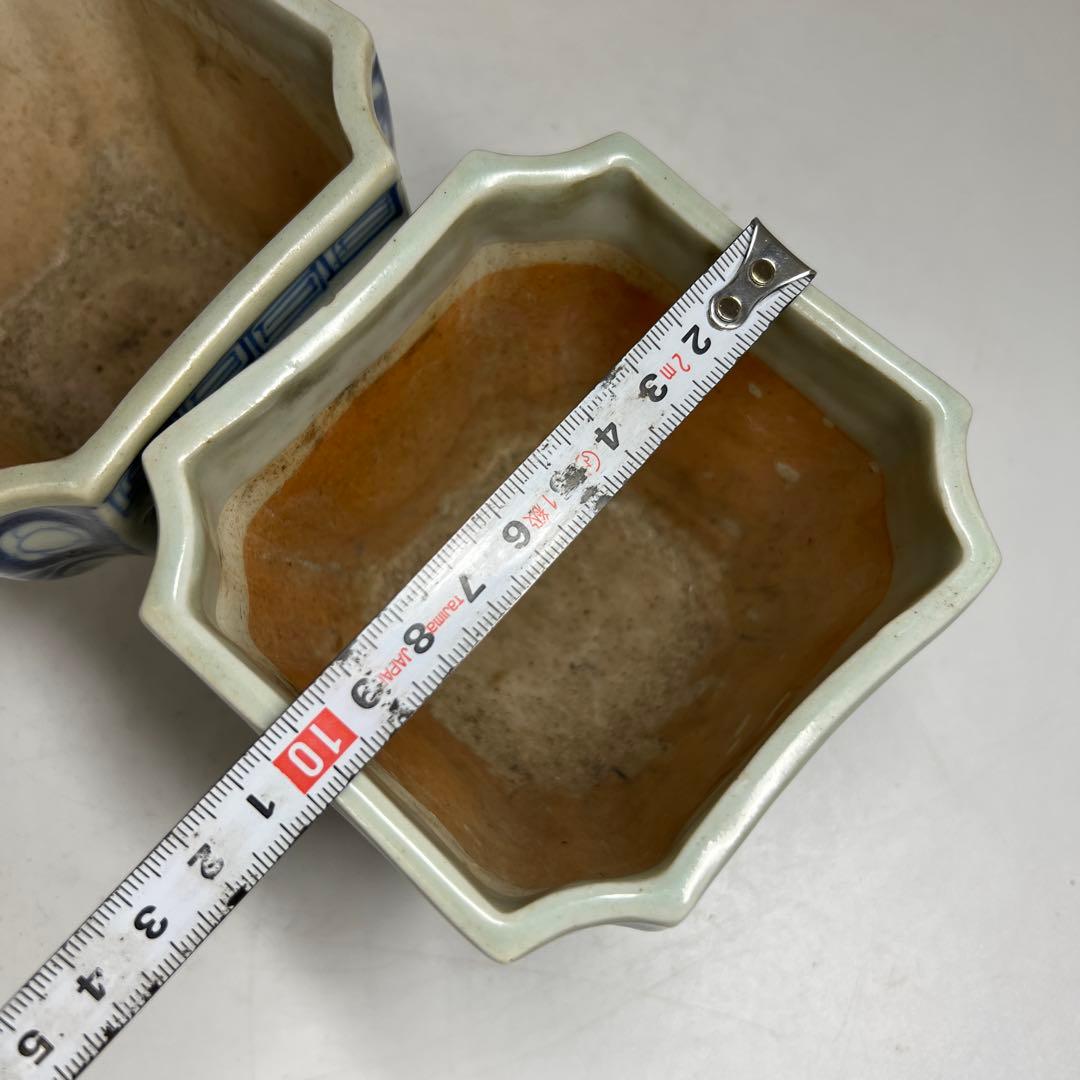 古伊万里　染付角火入一対　木箱付　幅約10㎝　東Y7-0620④タトチ