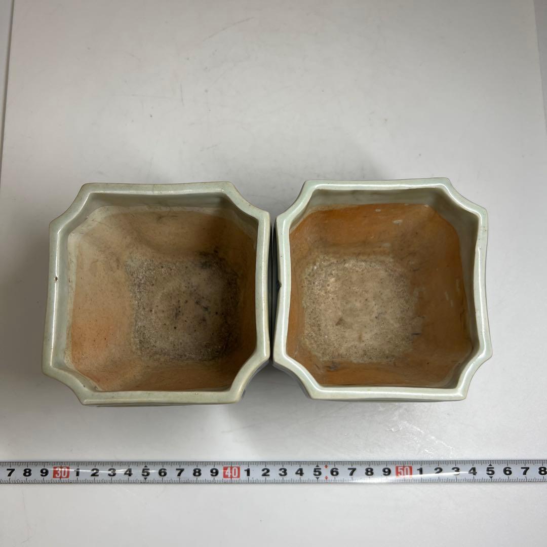 古伊万里　染付角火入一対　木箱付　幅約10㎝　東Y7-0620④タトチ