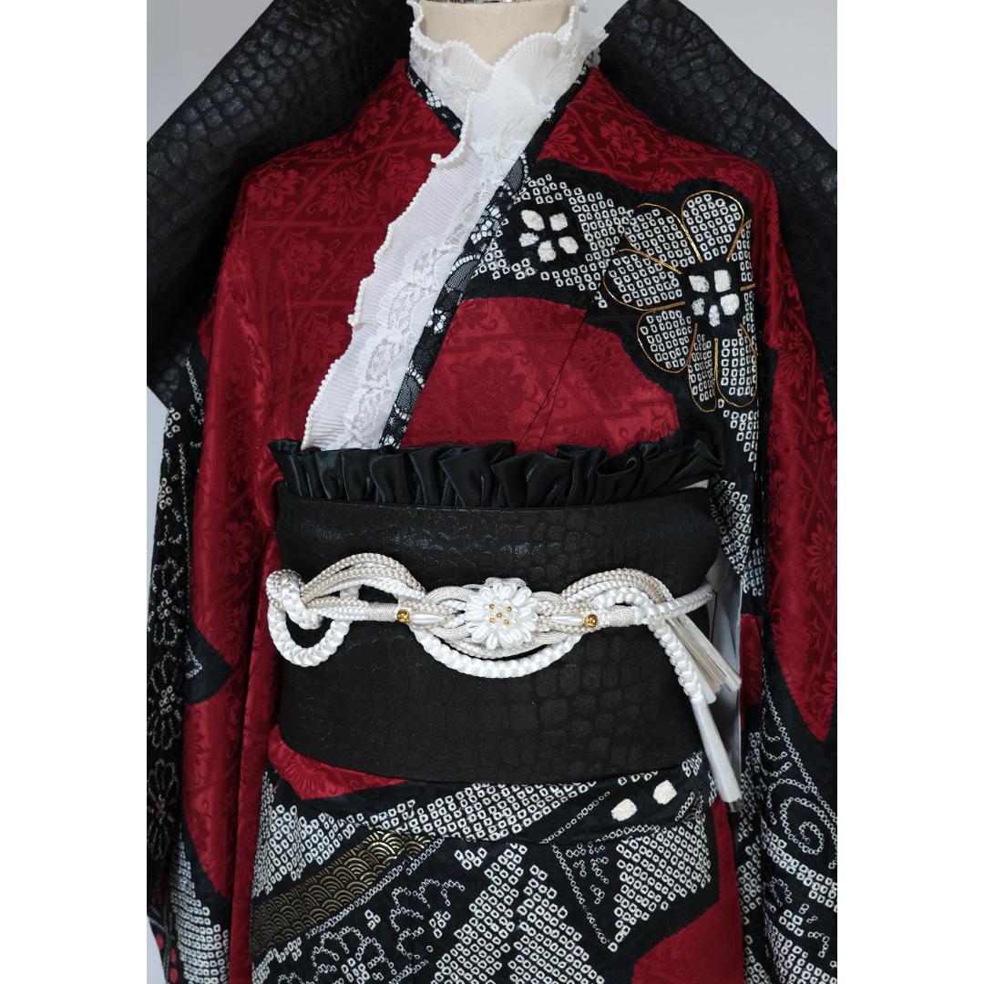 振袖と帯締め2点セット■丈166cm赤黒成人OR44