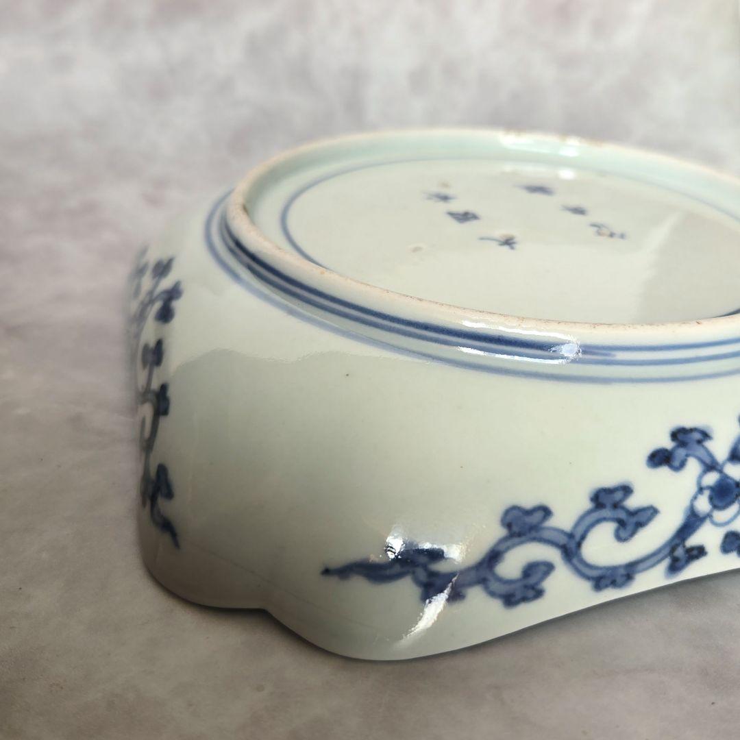 古伊万里　染付　隅入角皿　江戸時代　龍　ドラゴン　金直し　金継ぎ　骨董　和骨董