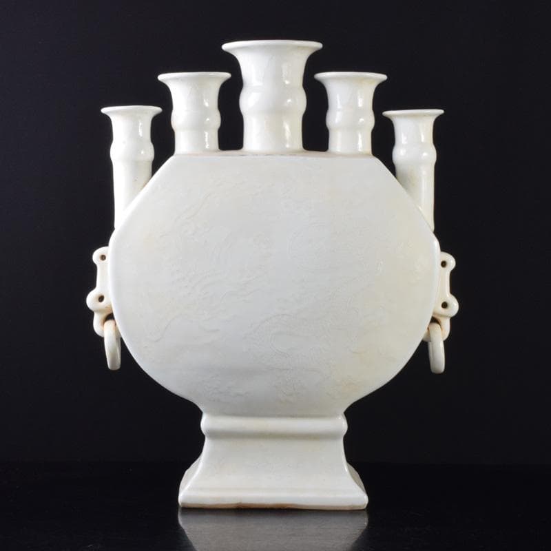 中国　大明宣徳年製　白磁　遊環　雲龍鳳凰文瓶　多口瓶　M　7311A