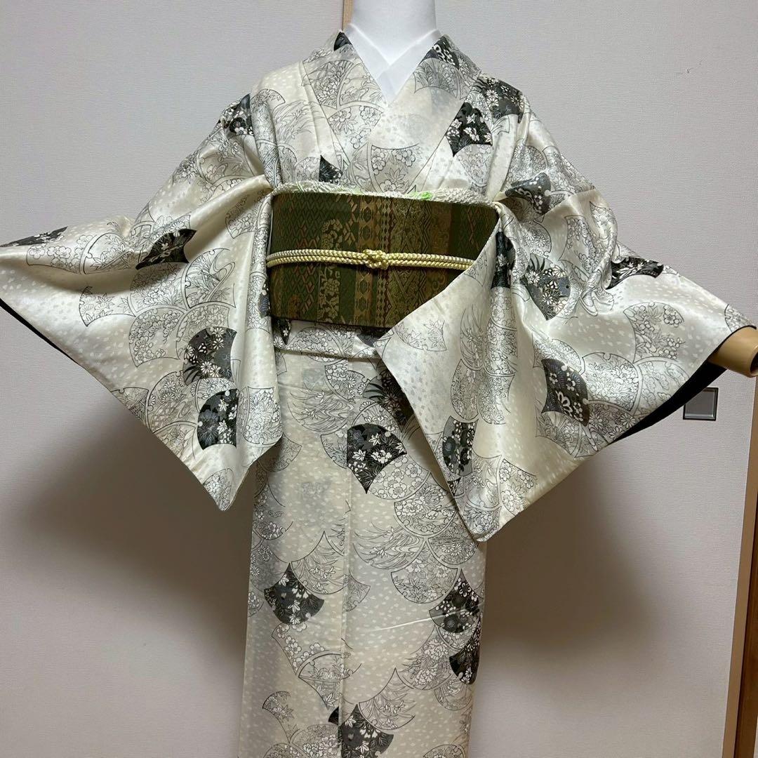 森谷33未使用近い　美品　袷　化繊 フルセット 扇花模様