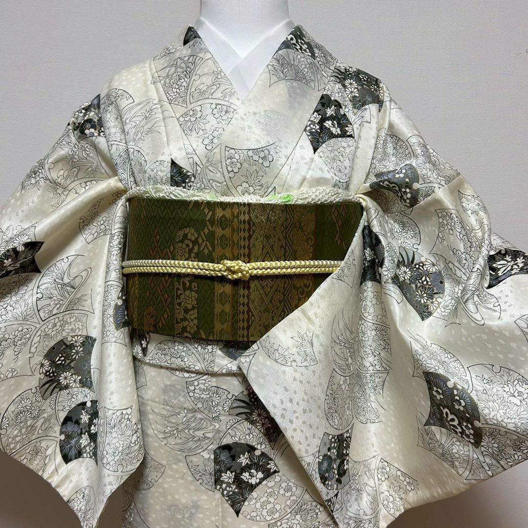 森谷33未使用近い　美品　袷　化繊 フルセット 扇花模様