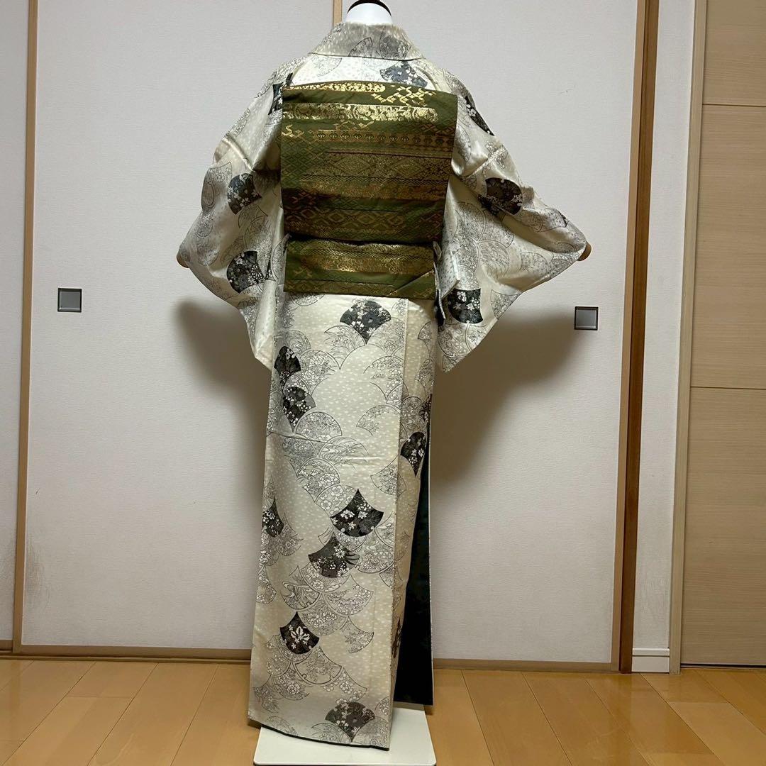 森谷33未使用近い　美品　袷　化繊 フルセット 扇花模様