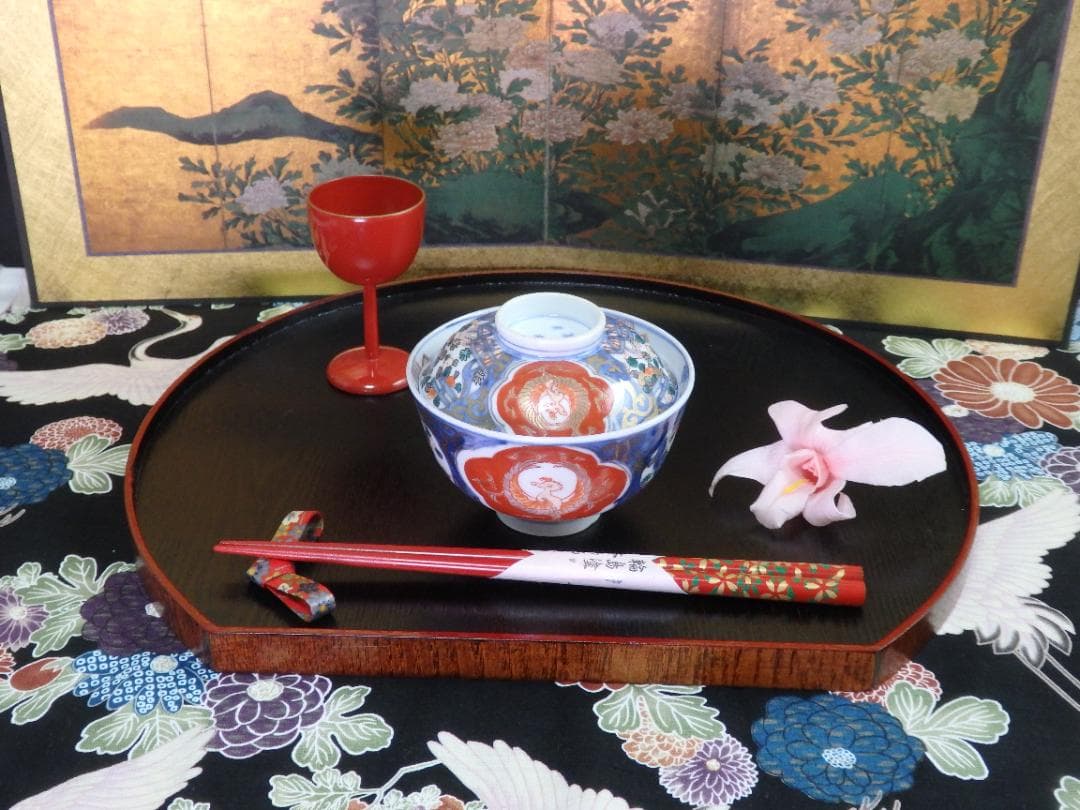 古伊万里　金襴手　鳳凰に果実の図　蓋茶碗　２客　D830AS-fbti