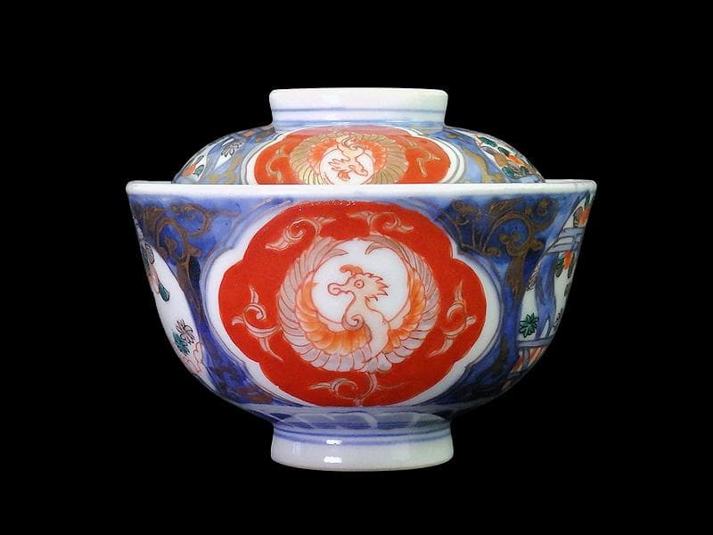 古伊万里　金襴手　鳳凰に果実の図　蓋茶碗　２客　D830AS-fbti