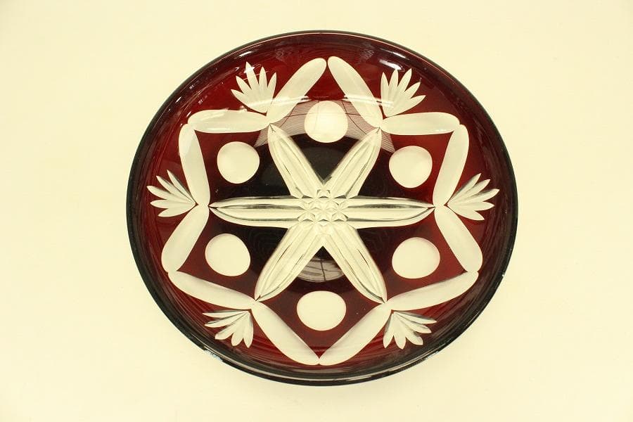 レトロ アンティーク 赤色切子 皿 未使用(ZE458)