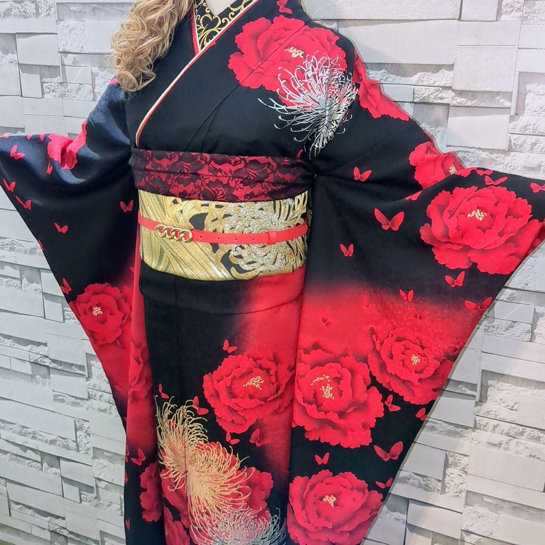 振袖セット 振袖フルセット 正絹 暈し染め 牡丹 乱菊 蝶 金銀彩 黒赤 56