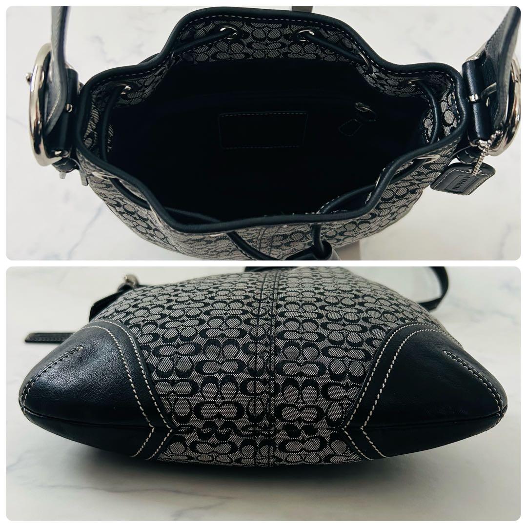 【美品】コーチ　ショルダーバッグ　レザー×キャンバス シグネチャー 巾着型 黒