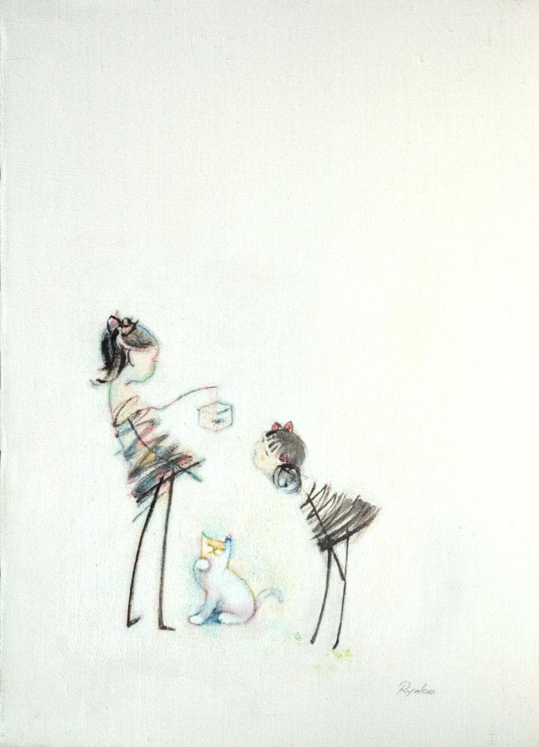 油絵 絵 絵画 インテリア 額付(黒) F4-030819 猫と女の子