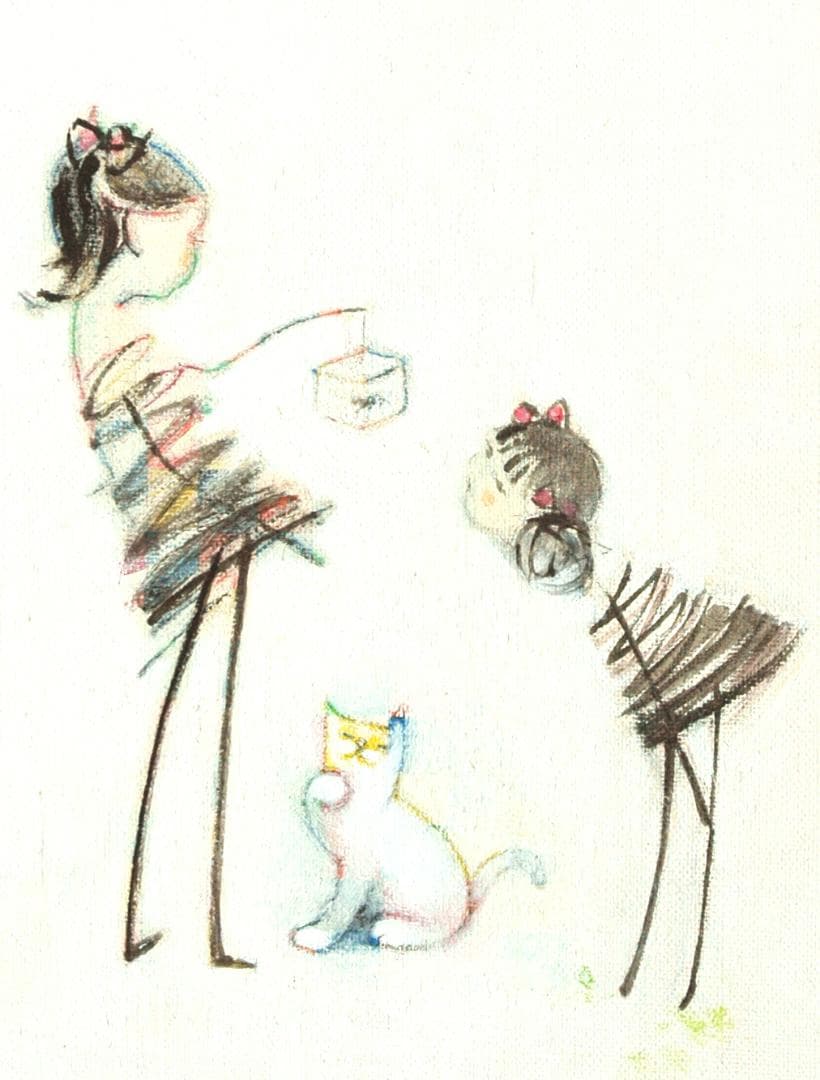 油絵 絵 絵画 インテリア 額付(黒) F4-030819 猫と女の子