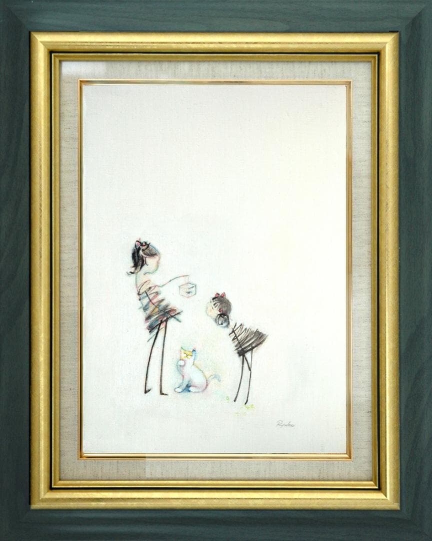 油絵 絵 絵画 インテリア 額付(黒) F4-030819 猫と女の子