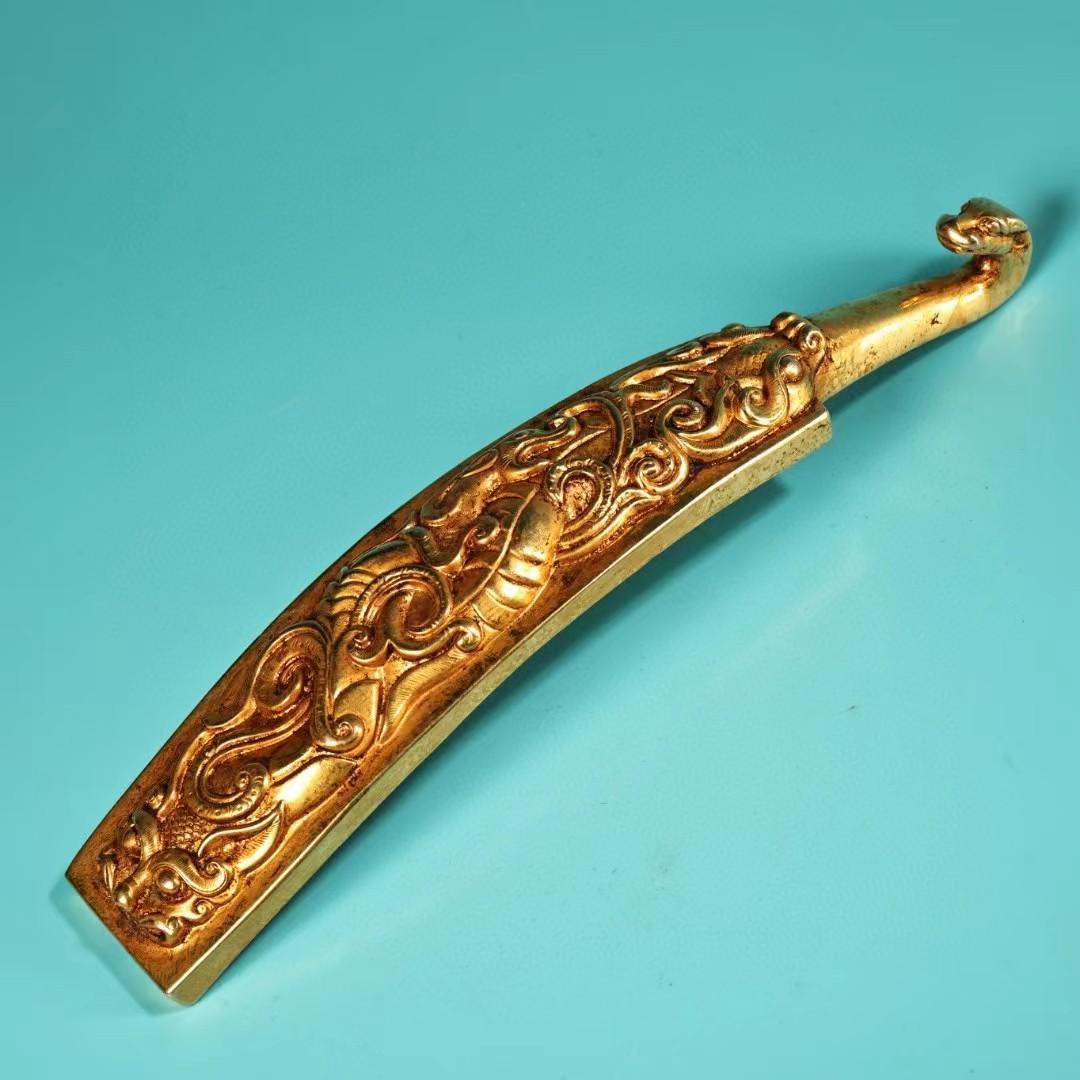 中国古美術・旧蔵龍紋如意腰帯留め・鏨刻鎏金・純銅细密彫・純手作り・高浮彫り・根付