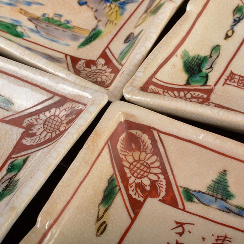 九谷焼　春日山窯　金城製　青木木米　聾米造　赤絵　四方小皿　五客　D　R6055