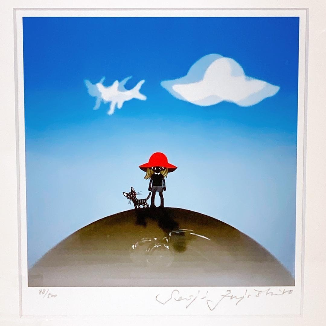 真作！藤城 清治 版画 【女の子とネコ】限定500部 No.88 リトグラフ