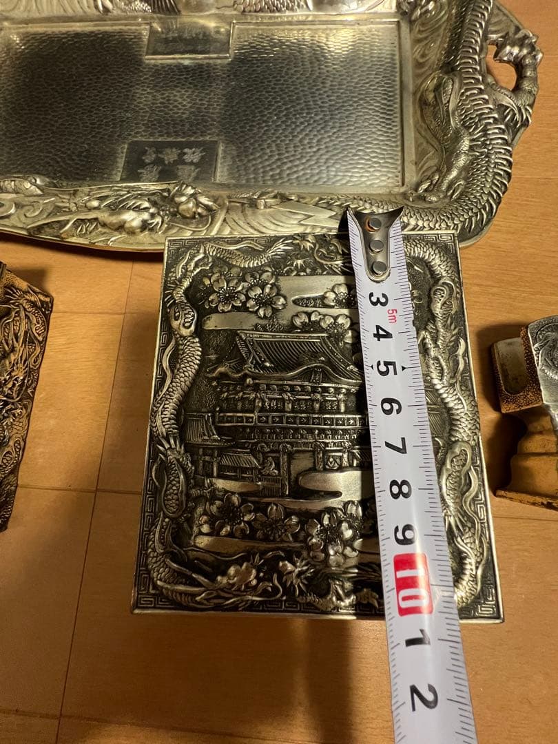 高級 昭和レトロ 龍 日本製 白銅 灰皿セット アンティーク 喫煙具 煙草入れ