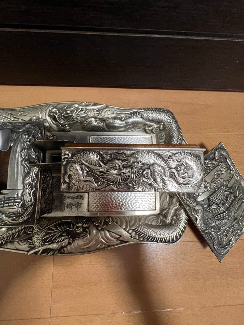 高級 昭和レトロ 龍 日本製 白銅 灰皿セット アンティーク 喫煙具 煙草入れ