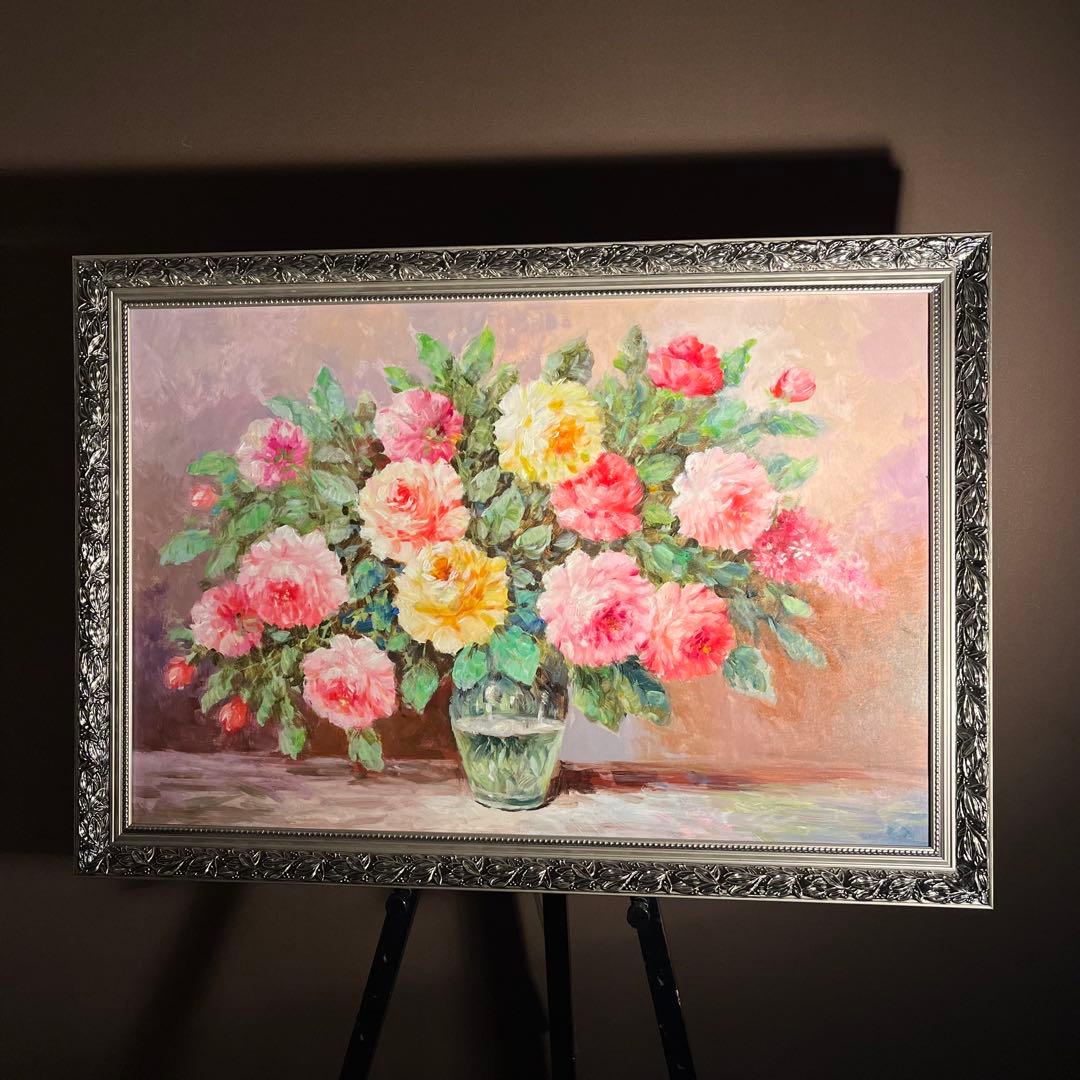 ★特大秀作★ 手書き油絵 花瓶の花 肉筆絵画 額付き インテリア 油彩画