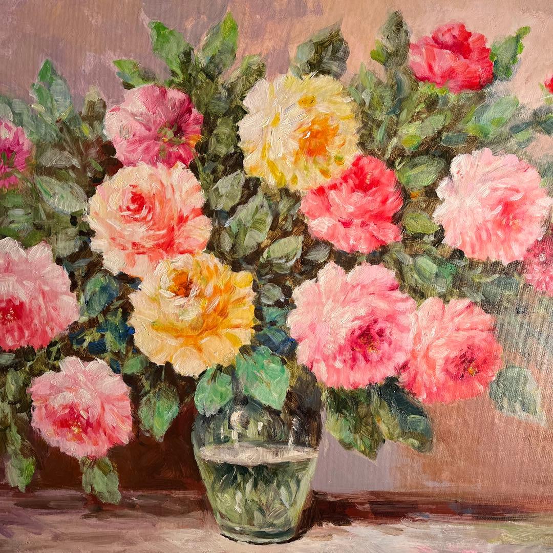 ★特大秀作★ 手書き油絵 花瓶の花 肉筆絵画 額付き インテリア 油彩画