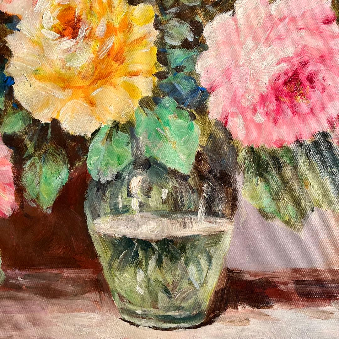 ★特大秀作★ 手書き油絵 花瓶の花 肉筆絵画 額付き インテリア 油彩画