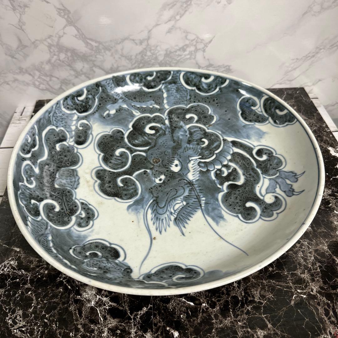 染め付け、雲竜、大皿。珍品。サービス、箱付き！。