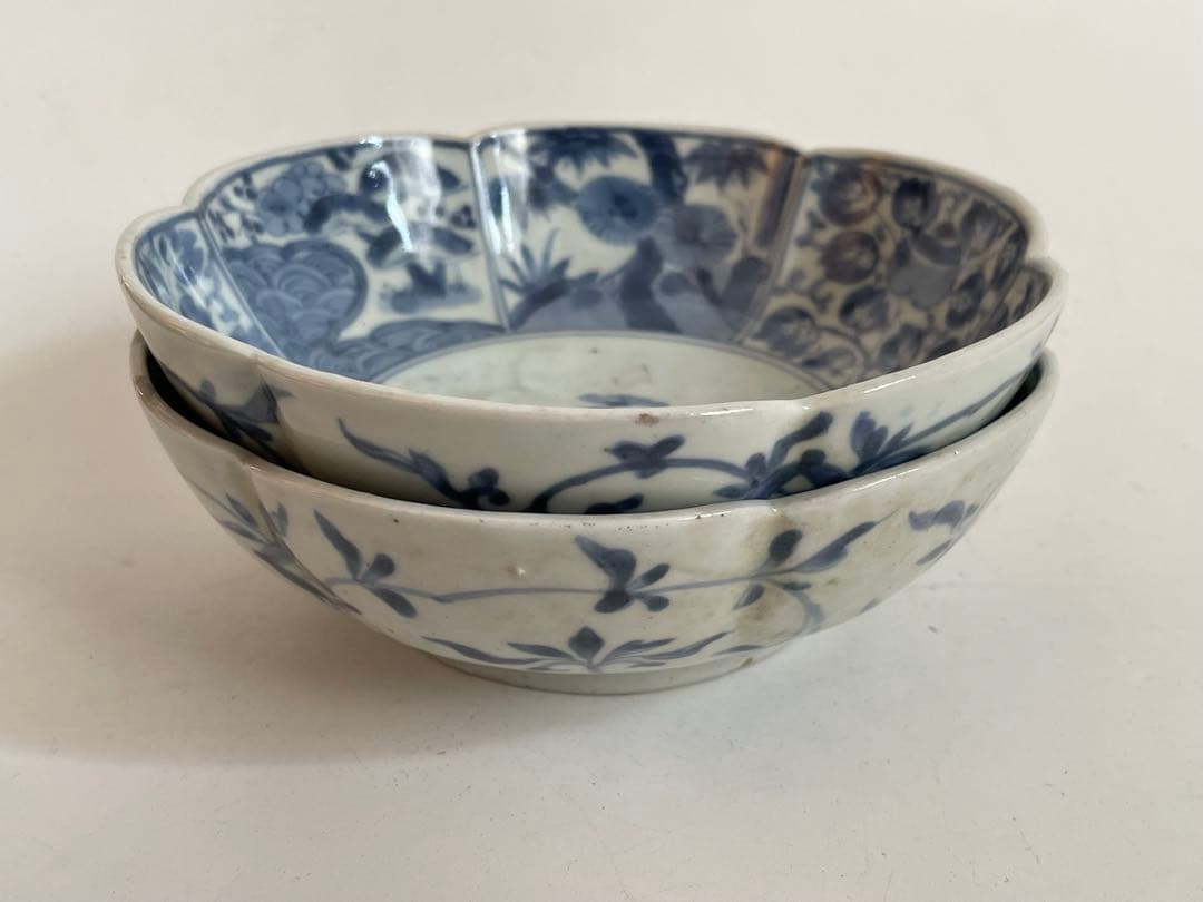 骨董　アンティーク　古伊万里　染付　牡丹　輪花縁　膾皿　なます皿　2枚