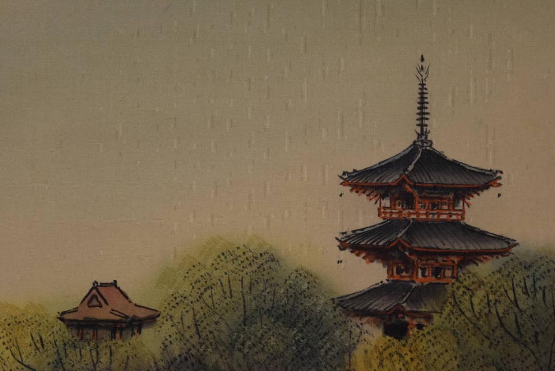 【真作】春成/塔山水人物図/洛東山水/掛軸/名家伝来/AA-268