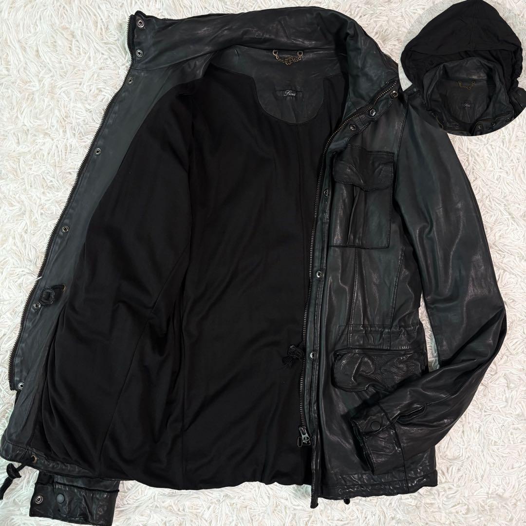極美品/牛革✨シシ レザージャケット M-65 フード収納 2way ライダース