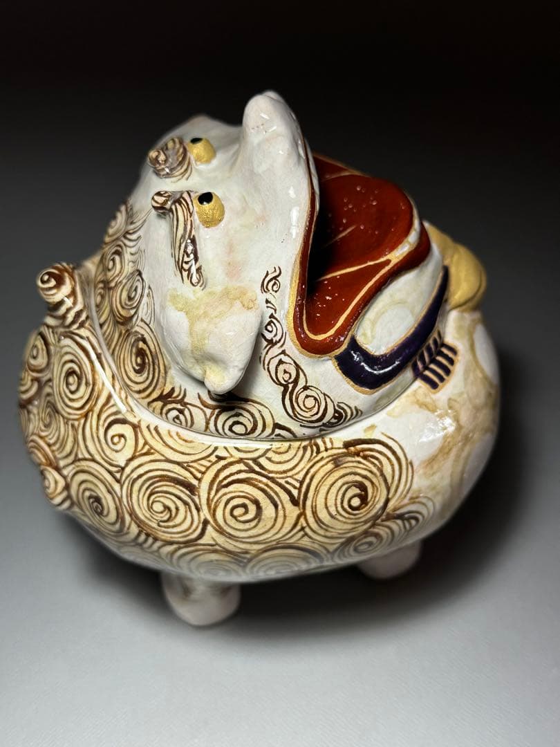 乾山　獅子　香炉　山崎窯　浅野紫仙　作　共箱　黄布　茶道具