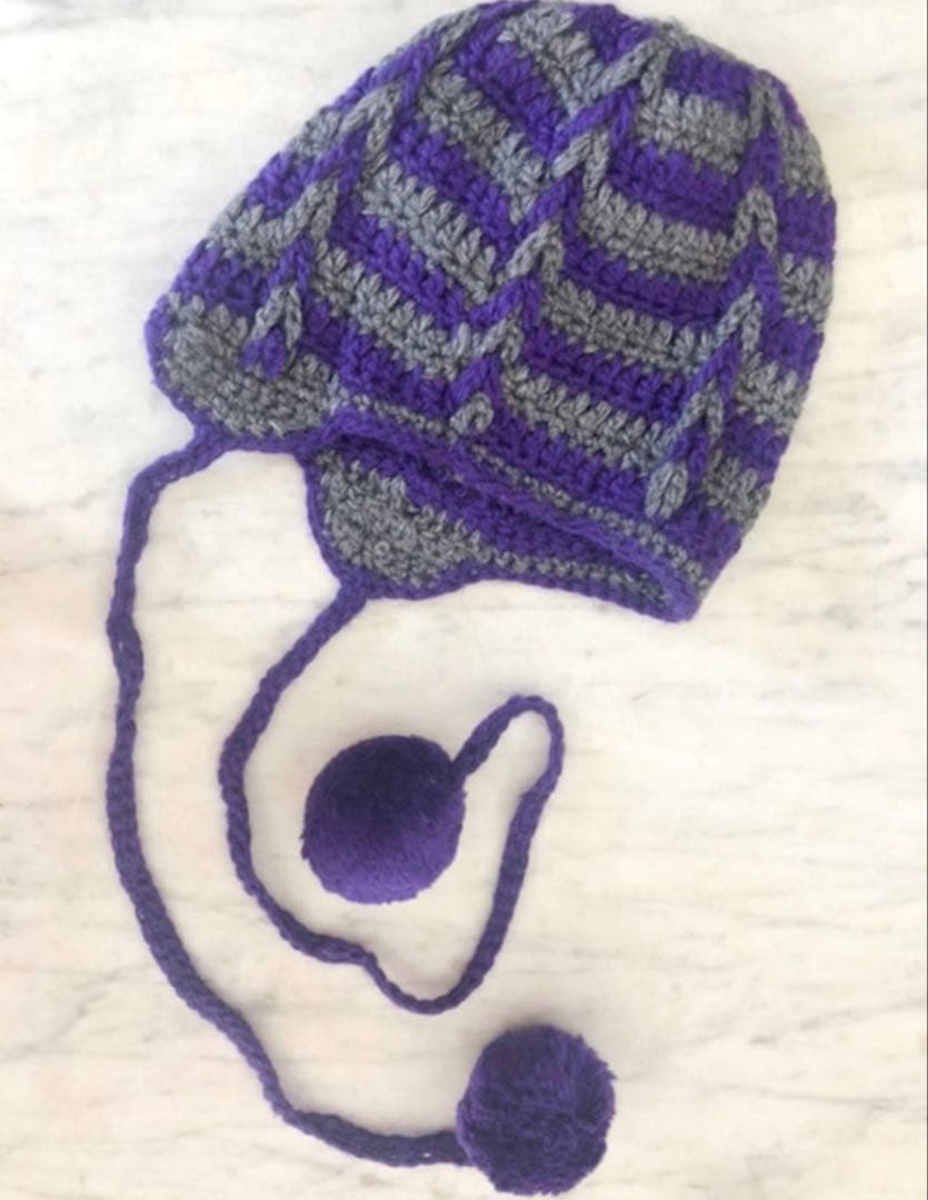 miu miu 手編みニット帽 紫・グレー ポンポン付き