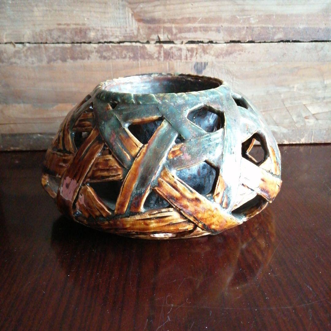 常滑焼　沢田宗山　透籠花瓶　23cm　明治～昭和初期