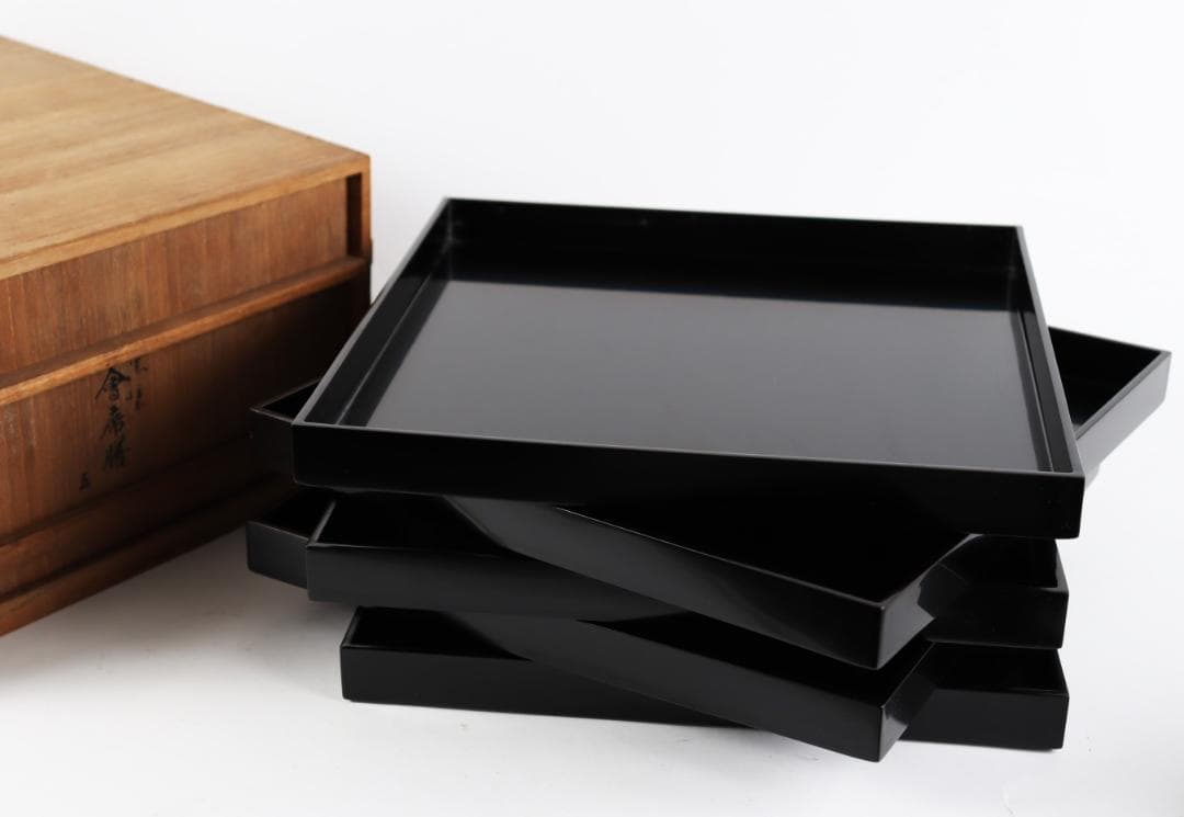 茶道具 平安堂 黒塗 会席膳　五枚 懐石 四方