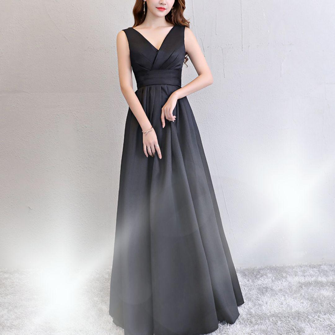 上品ブラック ロングドレス Vネック パーティー 発表会