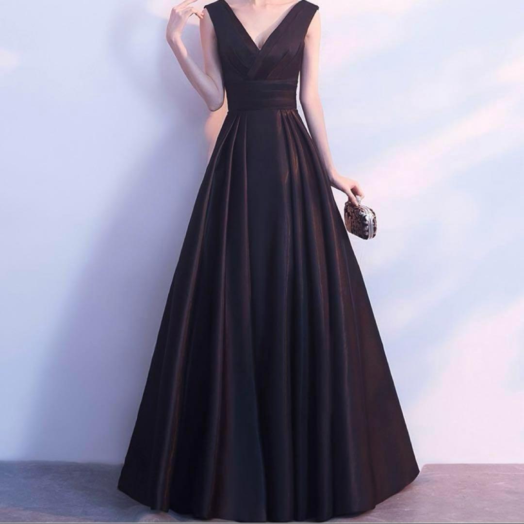 上品ブラック ロングドレス Vネック パーティー 発表会