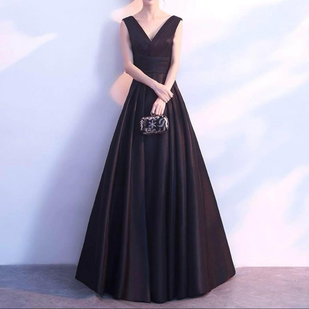 上品ブラック ロングドレス Vネック パーティー 発表会