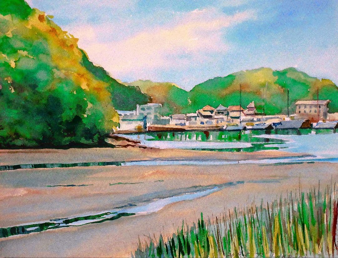 水彩画 小網代湾の干潟 木製フレーム付き