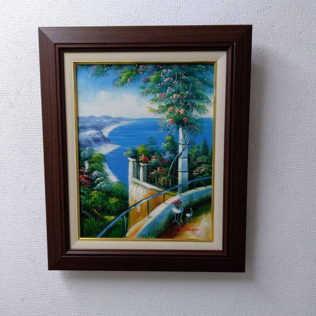 肉質油絵　立て　F6 バルコニーからの眺め　額装仕上げ品