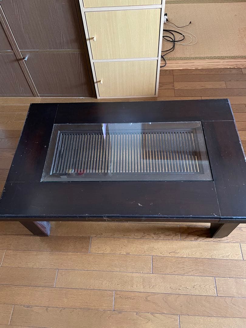 木製ダークブラウン座卓 ガラス天板付き