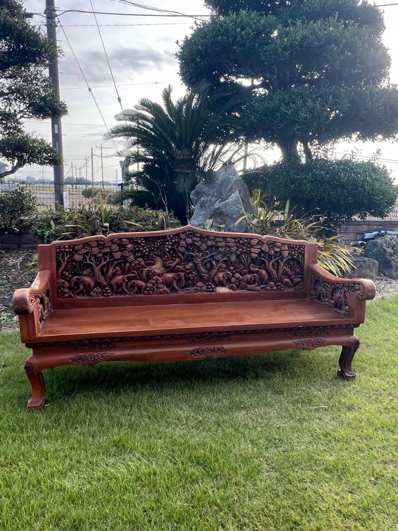 アジアンスタイル 木製ソファ 彫刻入り