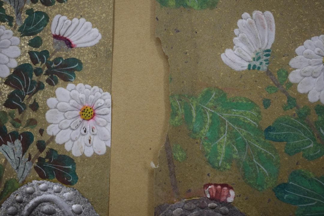 【模写】伊藤若冲/菊図/屏風ハガシ/二曲用マクリ/掛軸☆宝船☆Z-367