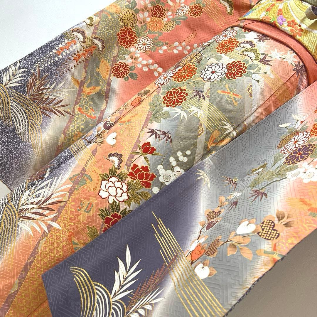 346 振袖フルセット 正絹 サーモンピンク くすみ グレー 金彩 暈し染め 桃