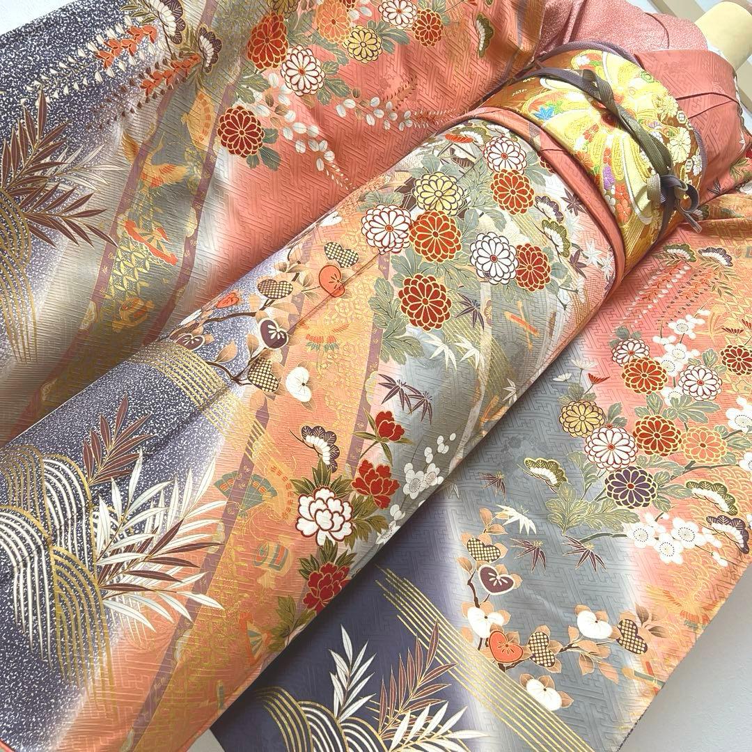 346 振袖フルセット 正絹 サーモンピンク くすみ グレー 金彩 暈し染め 桃