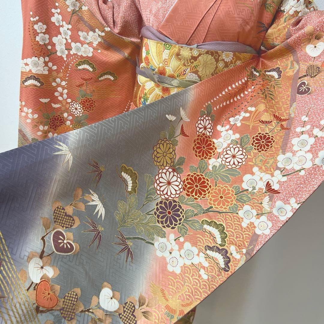 346 振袖フルセット 正絹 サーモンピンク くすみ グレー 金彩 暈し染め 桃