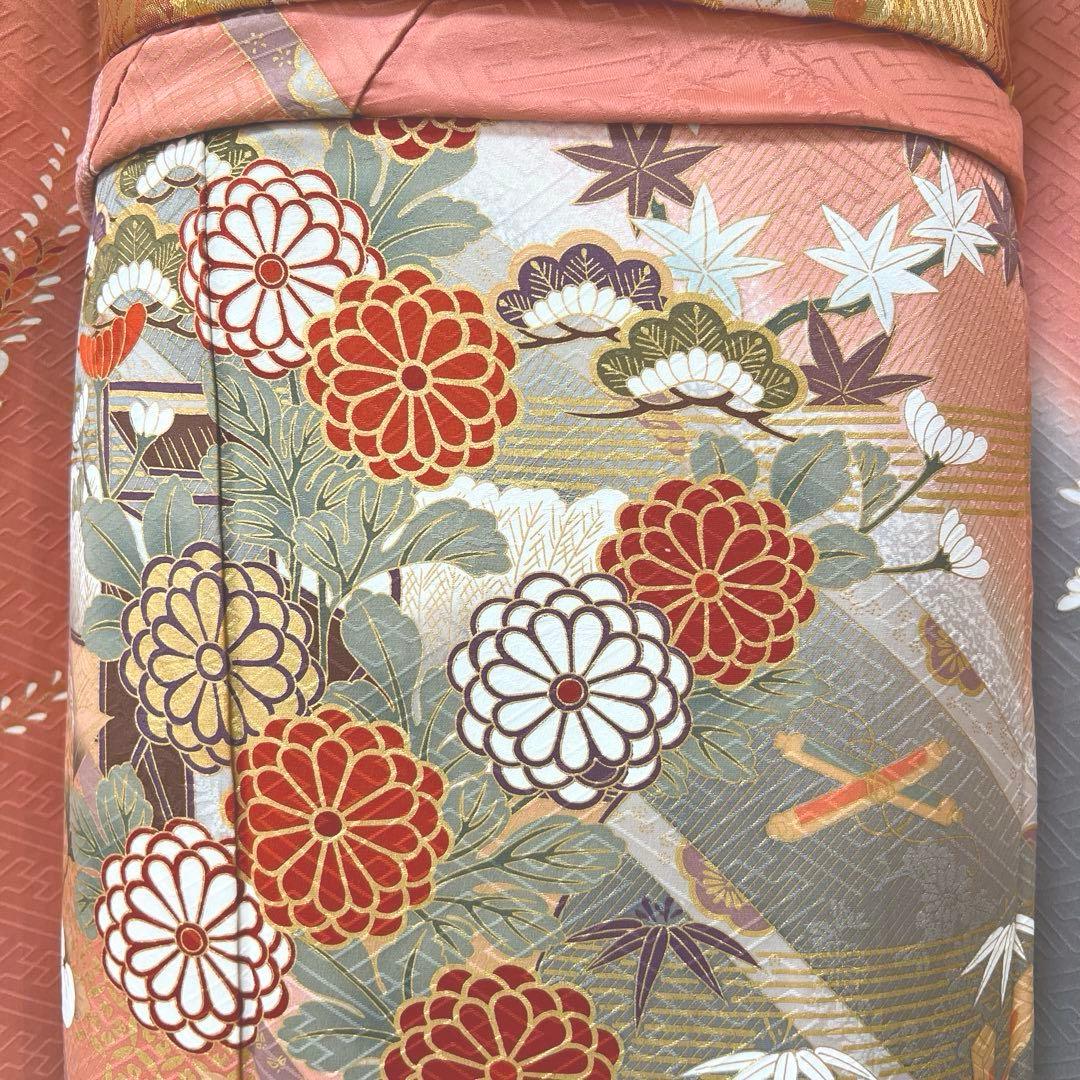 346 振袖フルセット 正絹 サーモンピンク くすみ グレー 金彩 暈し染め 桃